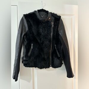 BCBG fur trim leather jacket size small
